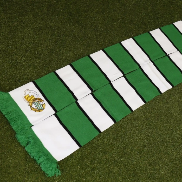 Football retro bar scarf with green, black and white stripes. Embroidered logo of sport club, green tassels. High quality.