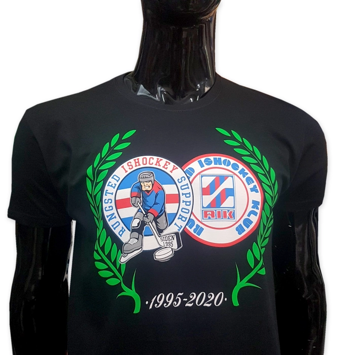 High quality elastic black tshirt with big multicoloured Hockey screen print