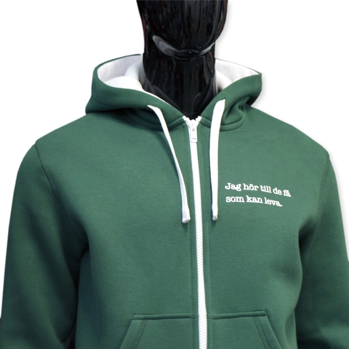Green hoodie with white inside hood, white strings and white embroidery. Big pocket and zipper makes it max comfortable.
