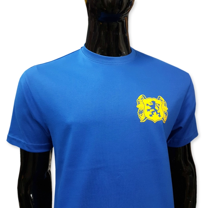 Cheap but good quality blue tshirt with yellow lion logo screen print