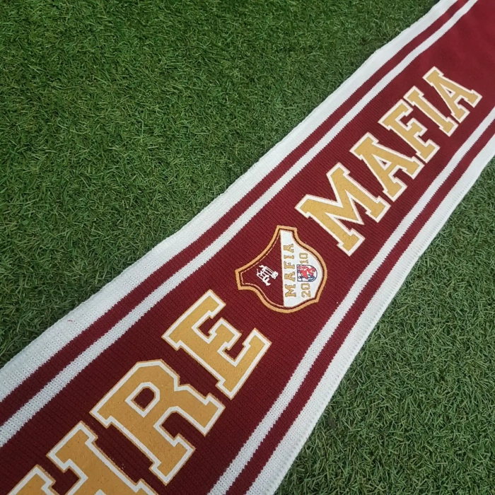 Burgundy scarf in 80s style with screen printed gold text mafia and white stripes