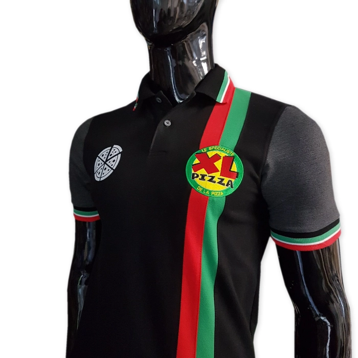 XL pizza Polo shirt - black best quality polo with red and green stripes, embroidery, melange sleeves and decorative coloured ribbons. From 1 piece, l