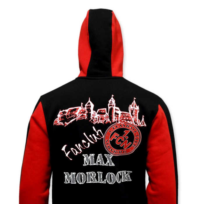 Black hoodie with red hood and sleeves. Black thick stripes on sleeves and one on hood. Awesome big screen print for whole back Max Morlock fanclub