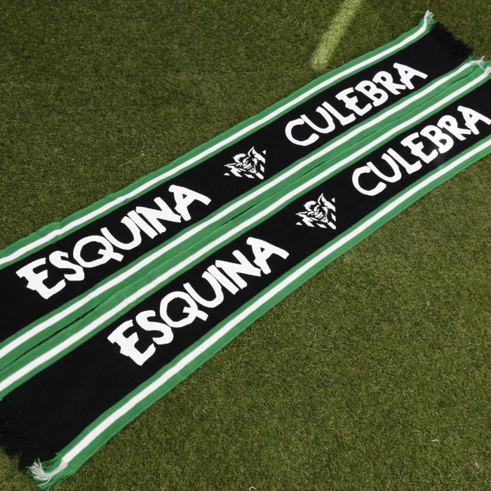 Black oldschool scarves with white custom football print esquina culebra and green stripes