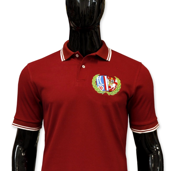 Red Polo shirt with white stripes on ribbons and white buttons, football logo embroidered