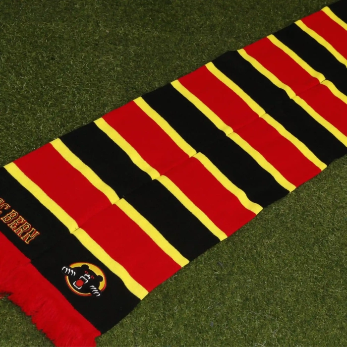 Bar scarf for your team with black, red and yellow stripes. Embroidery logo of Switzerland football club and text on two ends of scarf. Red tassels, k