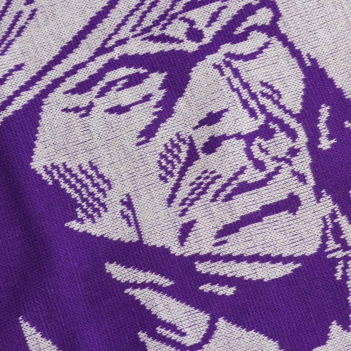 Very big knitted scarf with custom print in white and violet colors, high quality