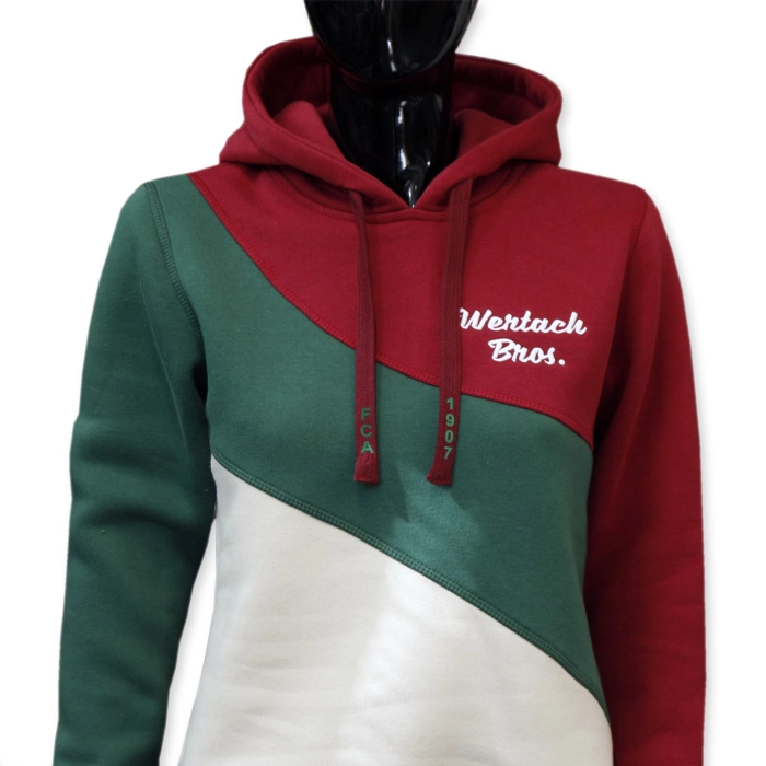 Girls hoodie sewn with three coloured wave stripes white - green - burgundy. White logo Wertach Bros and green prints on stripes FCA 1907