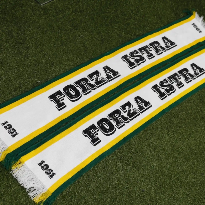 White old school scarves for sport team fan club with green and yellow stripes and screen printed text forca istra