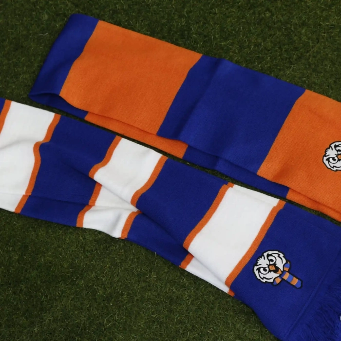 Sport club bar scarves with navy, white and orange stripes. Embroidery owl logo on two ends of scarf. Handmade navy tassels, soft classic scarves.