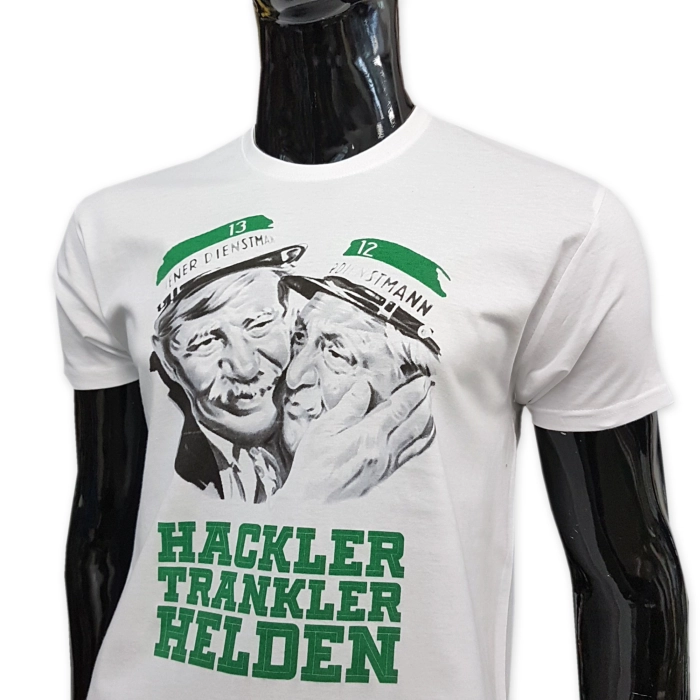 High quality elastic white tshirt with awesome really big green and black Hackler Trankler Helden screen print