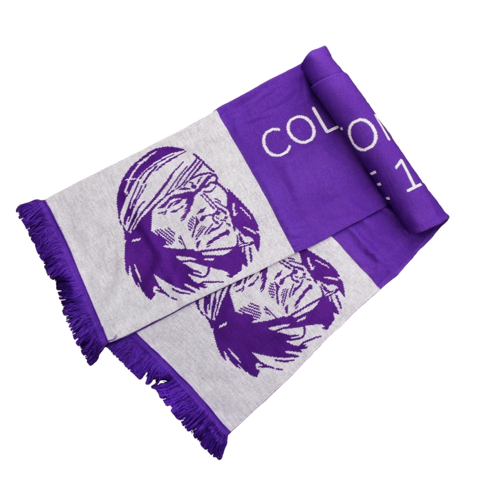 XXL great knitted scarf for football fanatics in white and purple colors.