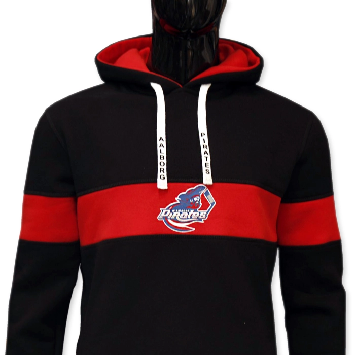 Black hoodie with red stripe sewn on chest, red inside hood, embroidered high quality Pirates logo in the middle of stripe. White strings with aalborg