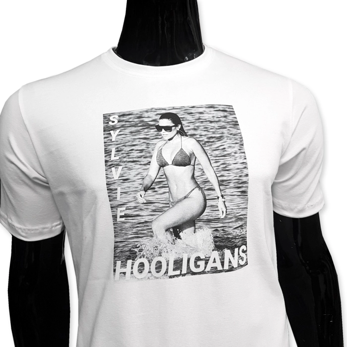 Cheap but good quality white tshirt with black and white big Hooligans DTG print with woman in bikini