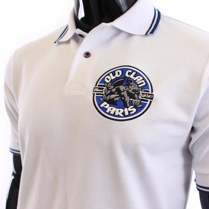 White elegant Polo shirt with Old clan Paris logo embroidered with navy stripes on ribbons