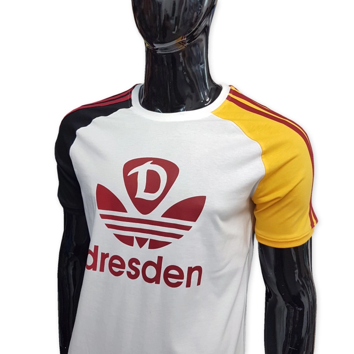 High quality white tshirt in new fasion style with three red stripes on sleeves. Right sleeve black, left sleeve yellow, Raglan cut, big red dresden p
