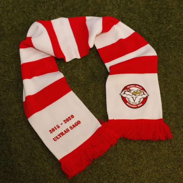 Retro bar scarf with red and white stripes. Embroidery logo and Ultras Sago text on two ends of scarf. Red tassels, soft classic scarves.