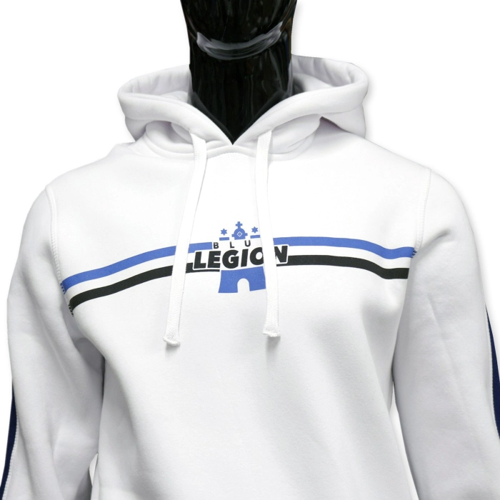 White hoodie with big max width (from sleeve to sleeve) print Legion in black and blue. Black thick stripes sewn into sleeves.