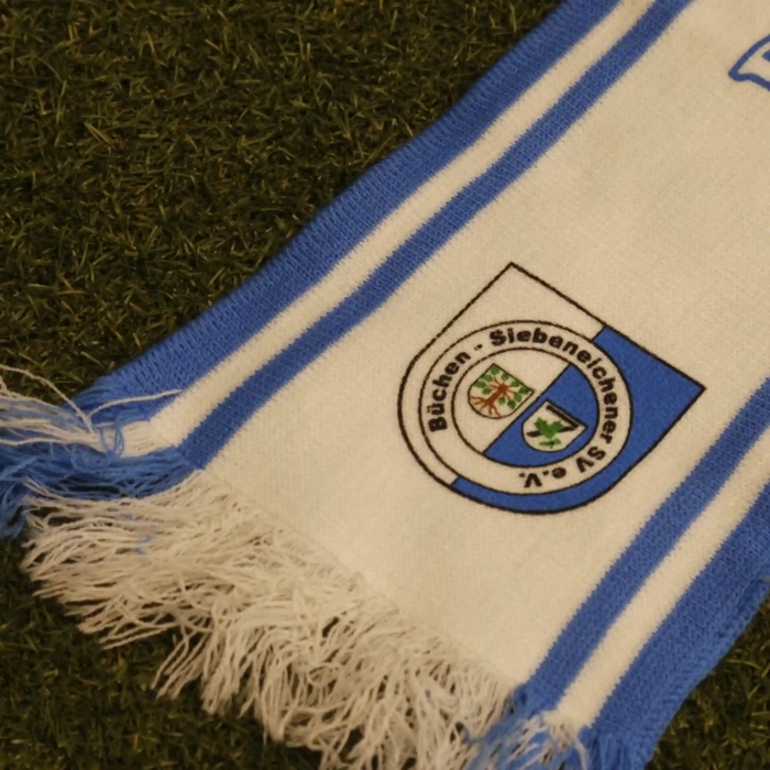 Retro white scarf with blue knitted stripes and screen print of sports club logo