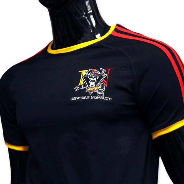 High quality black tshirt in new fasion style with three red stripes on sleeves. Raglan cut, yellow ribbons and printed multicoloured logo on heart.
